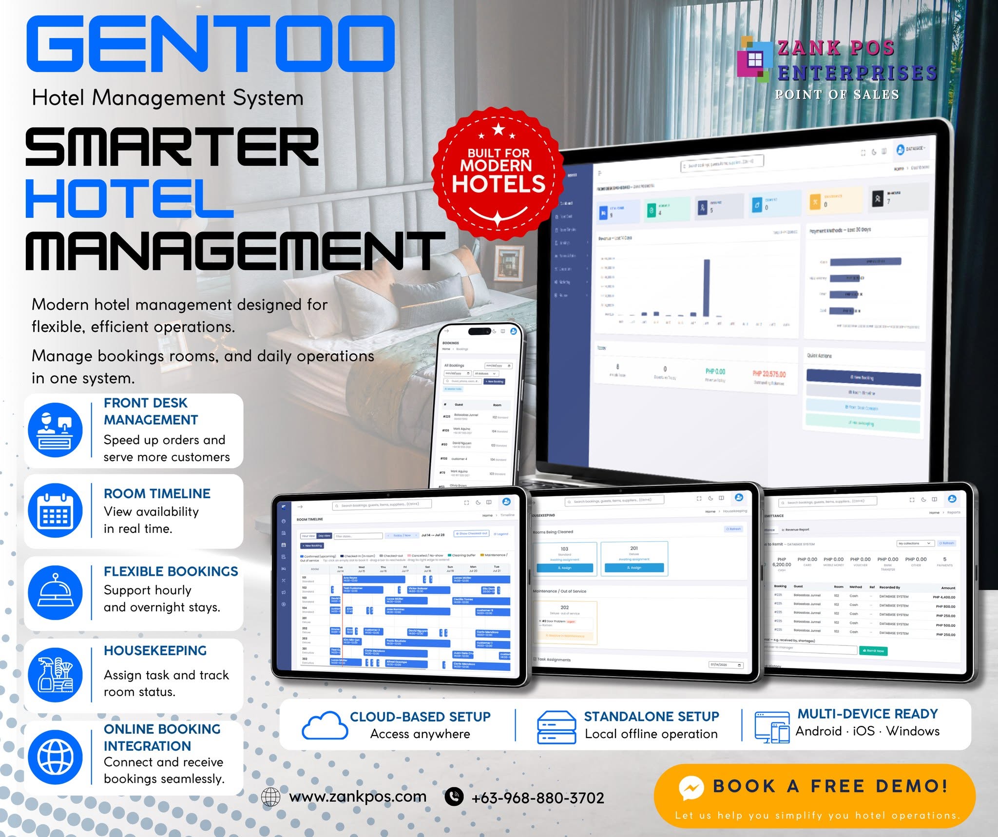 Gentoo Hotel Management System with front desk, room timeline, booking, housekeeping, and reporting screens