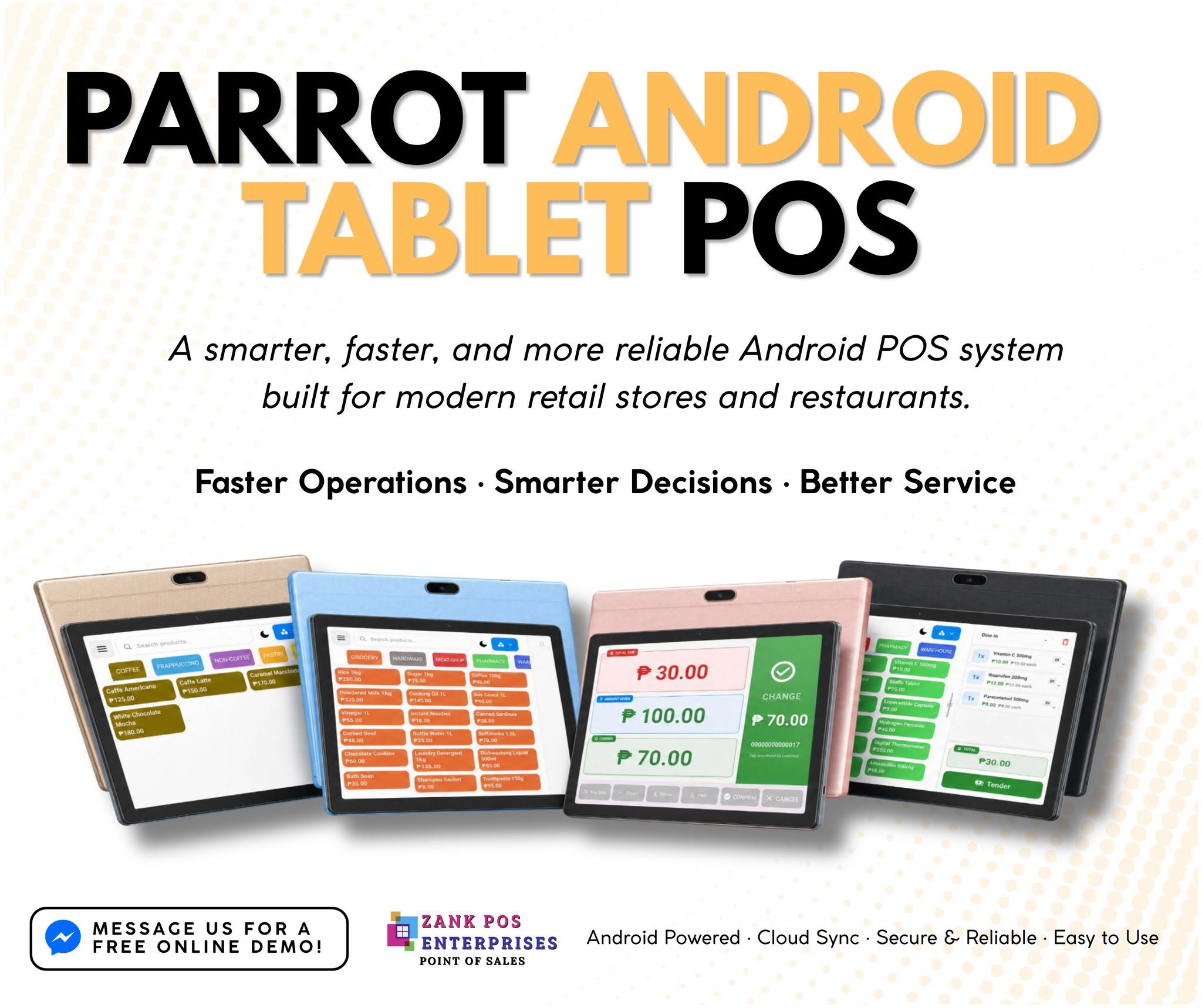 Parrot Android Tablet POS shown on four tablet colors with retail and restaurant sales screens